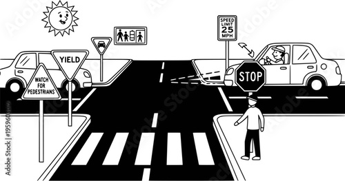 Traffic safety awareness cartoon featuring signs and warnings for drivers and pedestrians
