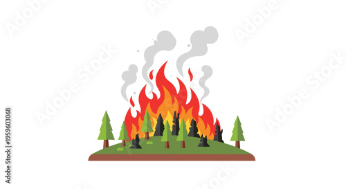 A forest fire with large red and orange flames and grey smoke is engulfing green and charred pine trees on a patch of land.