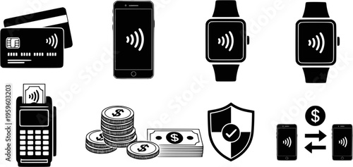 Contactless payment icons set: card, devices, security, money transfer
