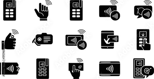 Contactless payment icons set: card, devices, security, money transfer
