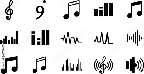 Minimalist music and sound wave icons: notes, bars, waves in black and white
