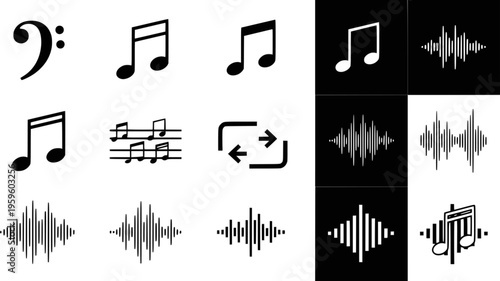 Minimalist music and sound wave icons: notes, bars, waves in black and white
