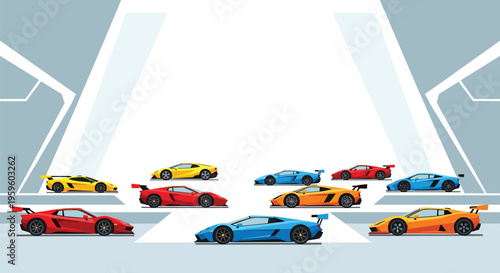 Ten luxury sports cars in various colors are parked on elevated platforms within a modern, geometric showroom.