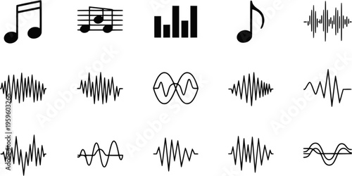 Minimalist music and sound wave icons: notes, bars, waves in black and white
