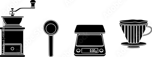 Coffee preparation tools: grinder, scoop, scale, filter icons
