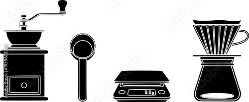 Coffee preparation tools: grinder, scoop, scale, filter icons
