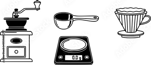 Coffee preparation tools: grinder, scoop, scale, filter icons
