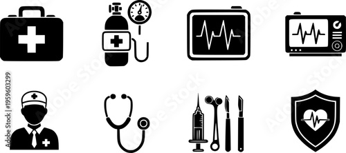 Medical equipment icons: first aid kit, oxygen tank, heart monitor, paramedic, tools, health shield
