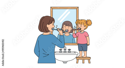 A mother and her daughter brush their teeth at a white sink in a bathroom, with the daughter standing on a stool and both reflected in a rectangular mirror.