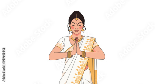 An Indian woman in a white and gold sari with traditional jewelry performs a namaste gesture with closed eyes and a serene expression on a white background.
