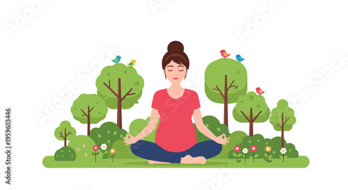 A pregnant woman with a bun meditates in a lotus position in a green park surrounded by trees, bushes, flowers, and small birds on a white background.