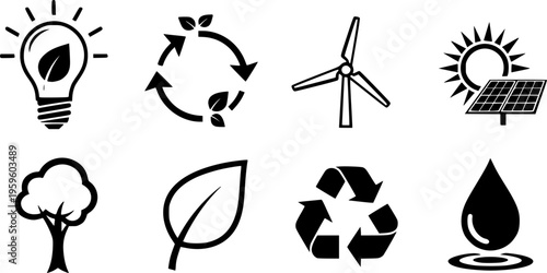Eco symbols: energy, sustainability, wind, solar, recycling, nature icons
