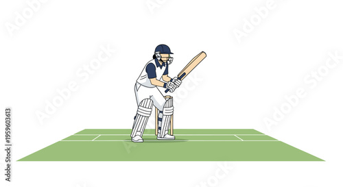A cricket batsman in full gear stands ready with a bat on a green pitch with white markings against a plain white background.