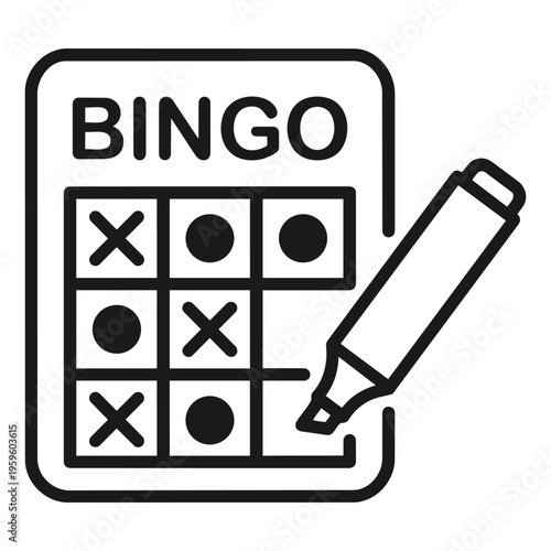 Fotografie Bingo game card icon with marked squares and a felt tip pen showing a classic social activity set against a solid white background, perfect for leisure industry marketing and event design