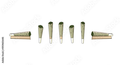 Seven hand-rolled cannabis joints, some with filters, are arranged on a white background, with two on wooden trays.
