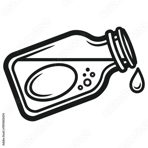 Glass bottle with liquid drop line icon representing container oil medicine or beverage concept vector illustration isolated on white background