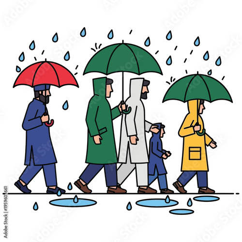 Group of men and child walking in rain wearing raincoats and carrying umbrellas