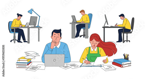 Group of diverse colleagues working diligently in a bright open-plan office space with laptops, textbooks, and shared desks.