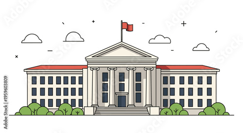 Classical architectural illustration of a large building with pillars, a red flag, and symmetrical wings, for government or university use.