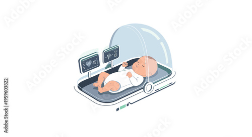 A sleeping baby in a white onesie lies inside a transparent incubator with two vital sign monitors on a white background.