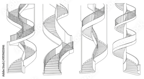Various architectural line art sketches of elegant spiral staircases showing different designs and perspectives for home building.