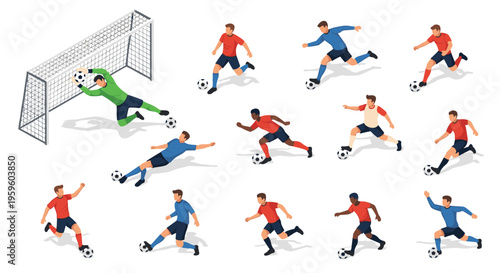 Diverse set of isometric soccer player characters performing various actions like kicking, running, and goalkeeping during a match.