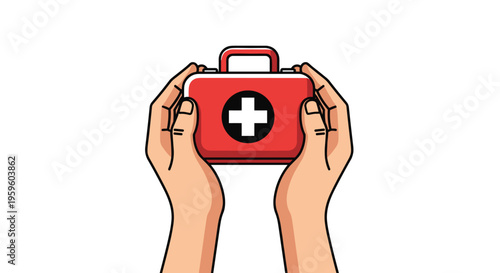 Two hands are holding a red first aid kit with a white cross emblem, presented against a clean white background.