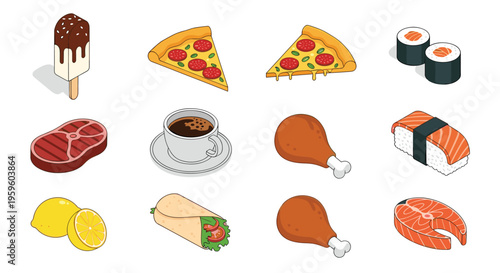 Assortment of colorful isometric food illustrations including pizza slices, sushi, steak, coffee, and dessert on a white background.