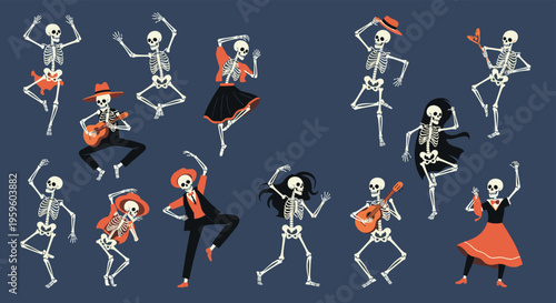 Festive dancing skeletons wearing traditional Mexican clothing celebrating the Day of the Dead holiday against a dark blue background.