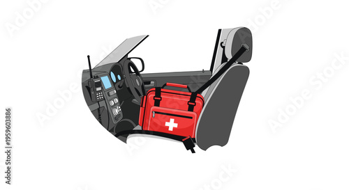 A red first aid kit is secured by a seatbelt on the passenger seat inside a car with the dashboard visible.