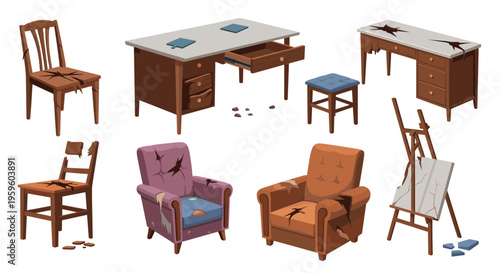 Collection of damaged and broken wooden furniture pieces including chairs, desks, and an easel shown in a clean flat illustration style.