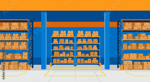 Warehouse shelves with boxes in a storage facility, a clean and organized vector illustration for logistics and inventory management