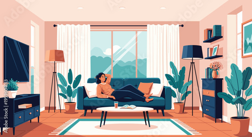 Relaxed woman resting on a comfortable sofa in a modern sunlit living room with green plants and a scenic view through the window.