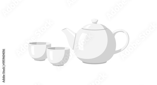 A white ceramic teapot and two matching teacups are neatly arranged on a clean white surface.