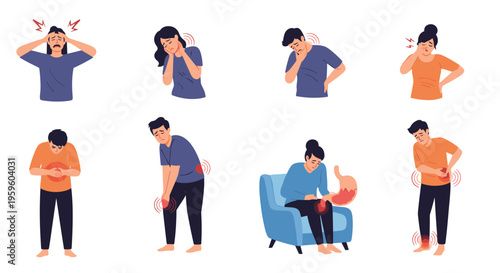 Set of characters experiencing various symptoms of physical illness and body pain like headache, backache, and stomach problems.