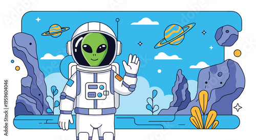 Friendly green alien character wearing a detailed astronaut suit standing on a rocky extraterrestrial planet with distant moons.