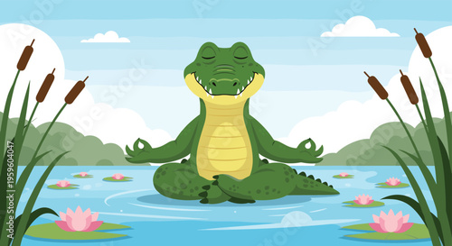 Peaceful cartoon crocodile meditating in a lotus position in the middle of a calm swamp filled with blooming pink water lilies.