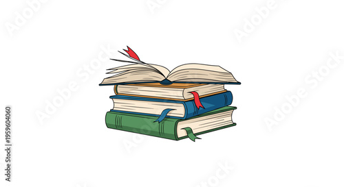 A stack of four colorful books, with the top one open and bookmarks visible, rests on a pristine white background.