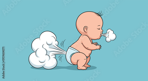 Humorous cartoon illustration of a cute baby in a blue diaper experiencing flatulence and blowing air on a solid blue background.