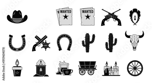 Collection of monochrome wild west icons featuring cowboy hats, wanted posters, revolvers, cacti, and other frontier themed items.