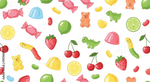 Seamless pattern of colorful gummy candies in various shapes like bears, worms, dinosaurs, and fruits on a clean white background.