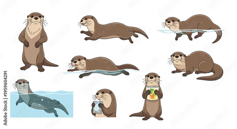 Fototapeta premium Collection of cute cartoon otter characters in various poses like swimming, standing, and holding objects in a flat design style.