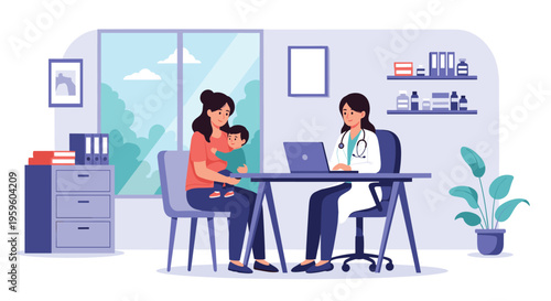 Professional female doctor in a white coat consulting with a young mother and her small child in a modern medical clinic office.