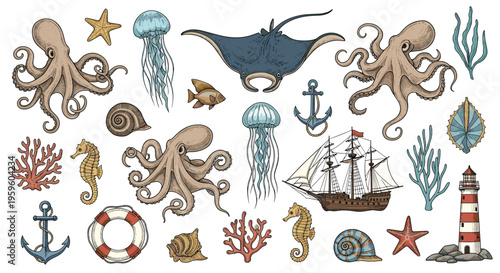 Large collection of hand drawn marine life and nautical items including octopuses, jellyfish, seashells, a ship, and a lighthouse.