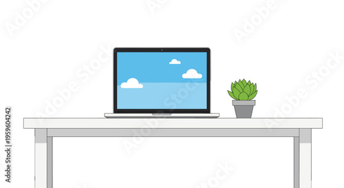 A silver laptop displaying a cloudy sky sits on a white desk next to a green succulent plant against a white background.