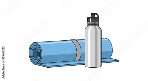 A rolled-up blue yoga mat lies beside a silver water bottle against a pure white background.