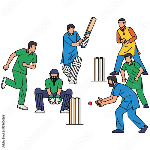 Men playing cricket, a popular sport in south asia, full team with wickets