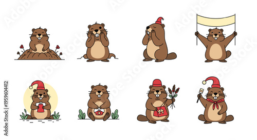 Set of cute cartoon groundhog characters in different humorous poses some wearing festive red hats and holding seasonal items.