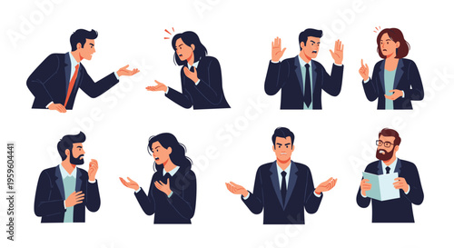 Diverse collection of business people in suits expressing various emotions like anger, frustration, and confusion through gestures.