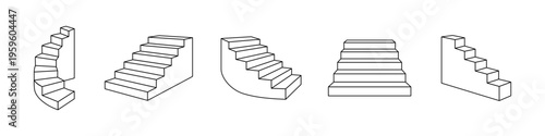 Set of 5 minimal outline staircase icons. Clean vector line art of various stairs in isometric view.